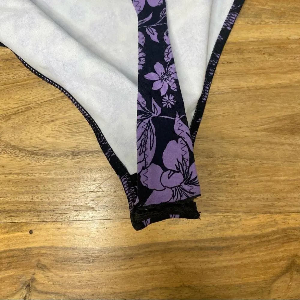 Free People Black Purple Floral One Shoulder Somethin' Bout You Bodysuit Size S - Image 11