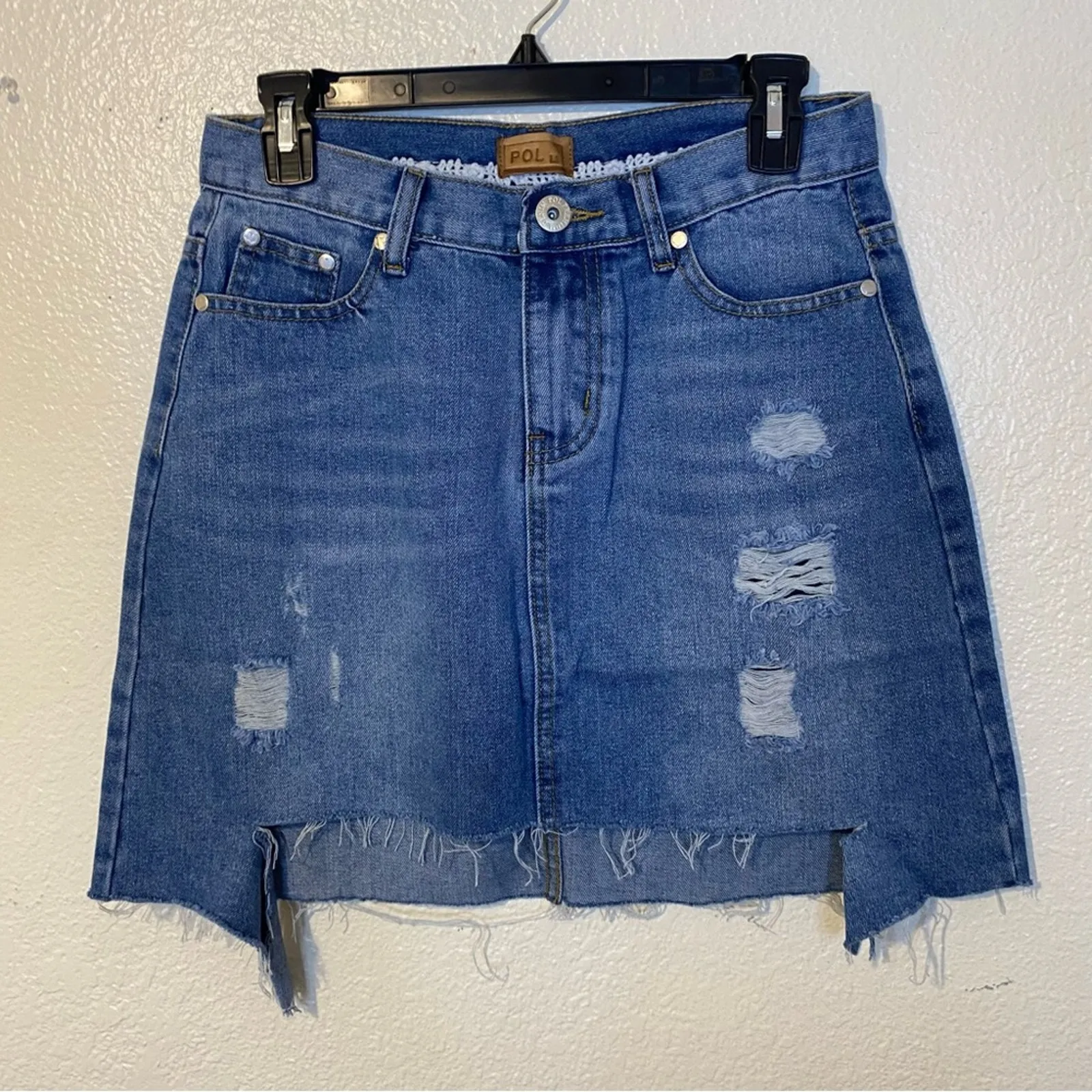 POL Distressed Jean Denim Mini Skirt Size Medium NWOT - Image 2