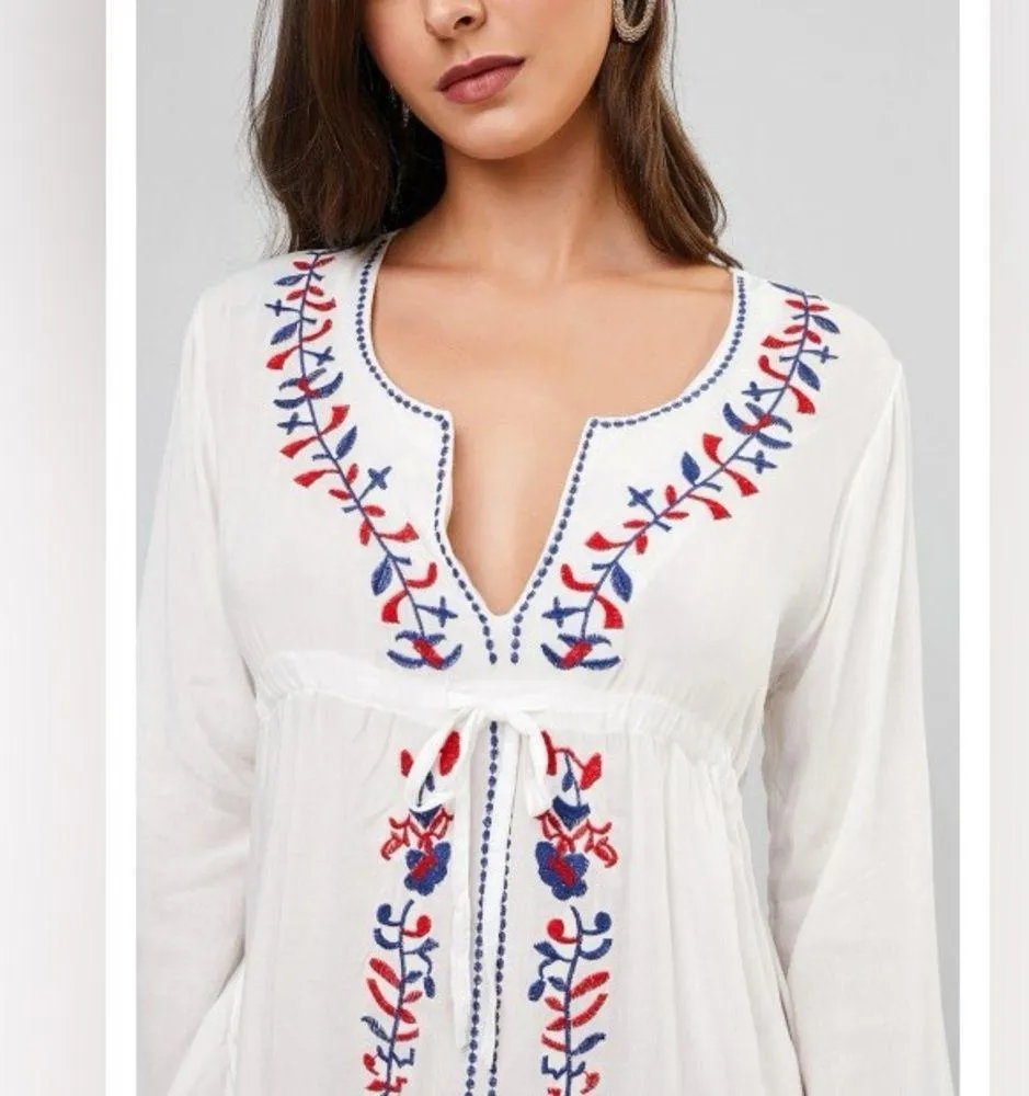 Boho Embroidered Tunic Dress OS/L Floral Plunge Neck Tunic Swim Coverup Kaftan White Size L - Image 5
