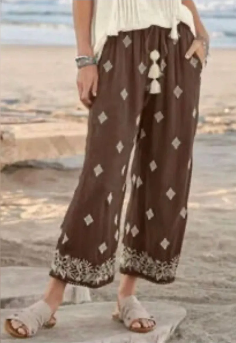 Sundance Le Meridien Embroidered Pants Women Medium Crop Brown Flowy Boho #B6-2 - Image 1