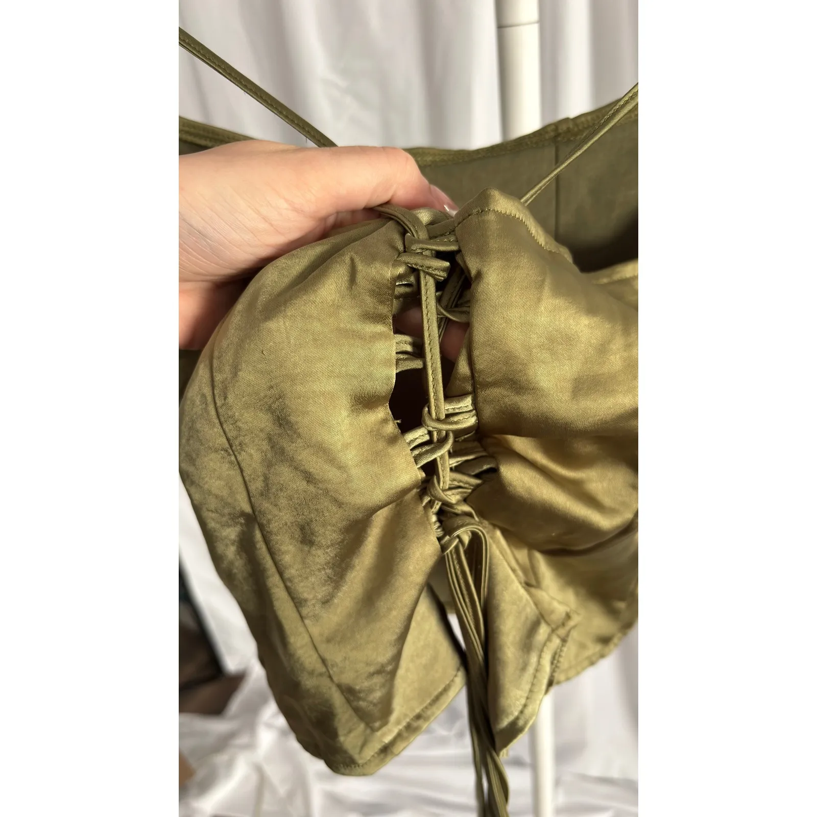 $107 Urban Outfitters Motel Rocks Olive Green Satin Corset Lace Up Top Size M - Image 4