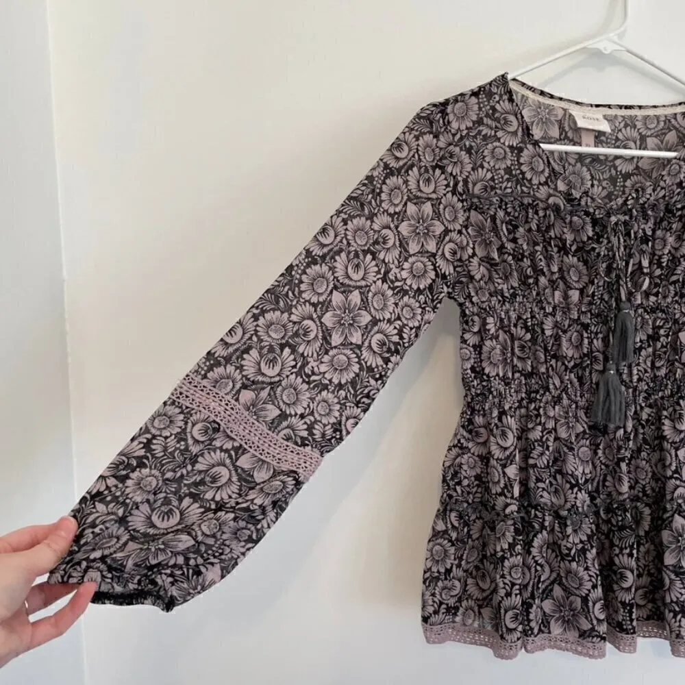 KNOX ROSE Black Lilac Lavender Mauve Pink Floral Long Sleeve Lace Up Peasant Top - Image 7