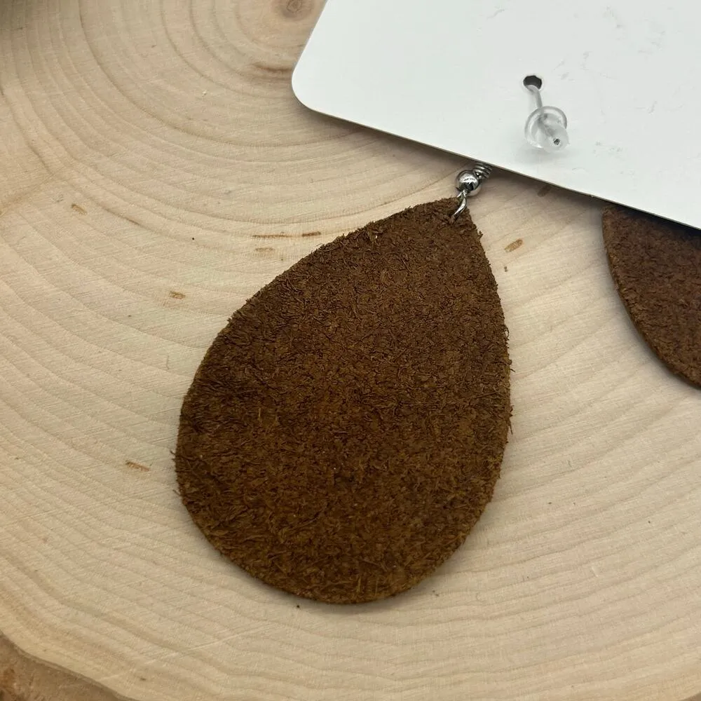 Genuine Leather Brown Lightweight Teardrop Neutral Minimalist Earrings - Image 4