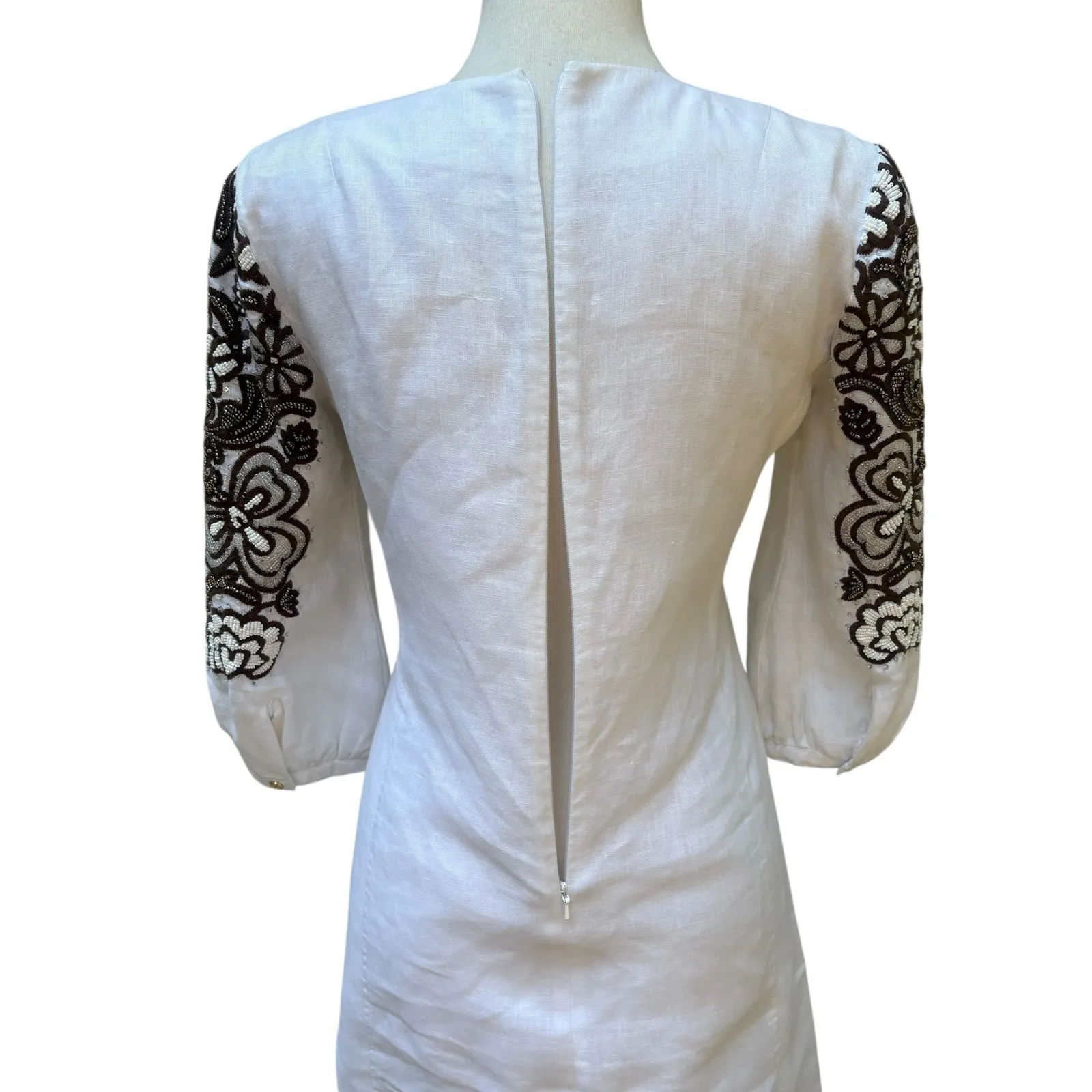 Tory Burch Beaded Mini Dress Tunic Sz 4 White Linen Brown Floral Embellished - Image 6