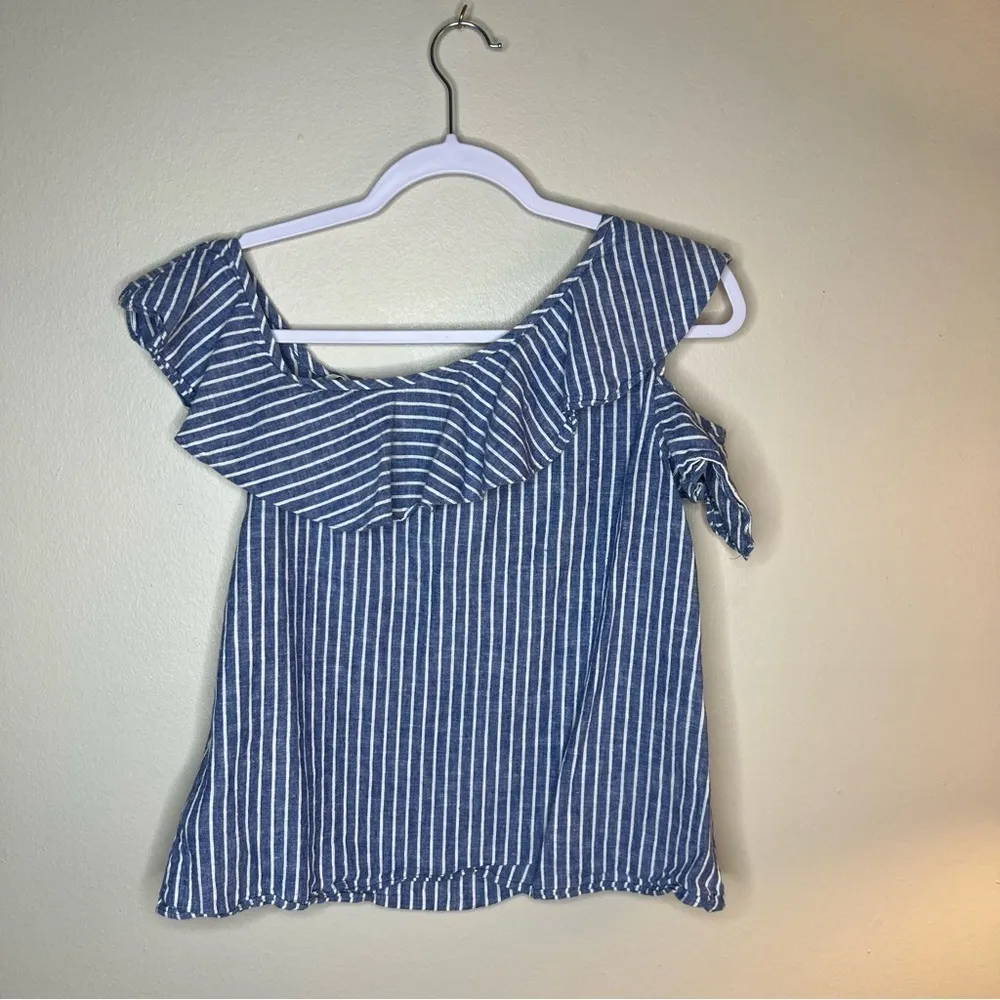 Madewell‎ Striped Linen Cotton One Shoulder Ruffle Blouse - Image 6