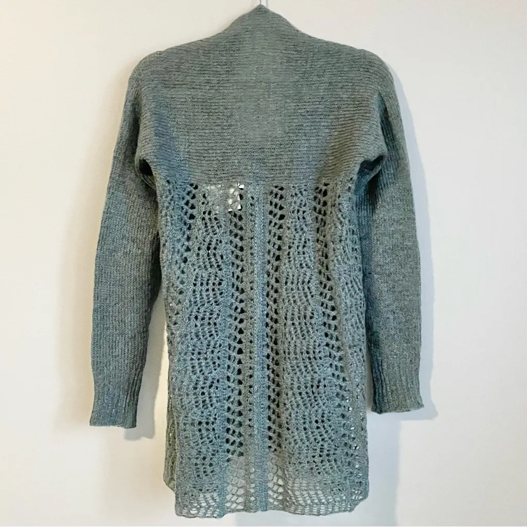 Simply Noelle Gray Blue Green Open Knit Crochet Sweater Tunic Boho S/M Loose Fit - Image 2