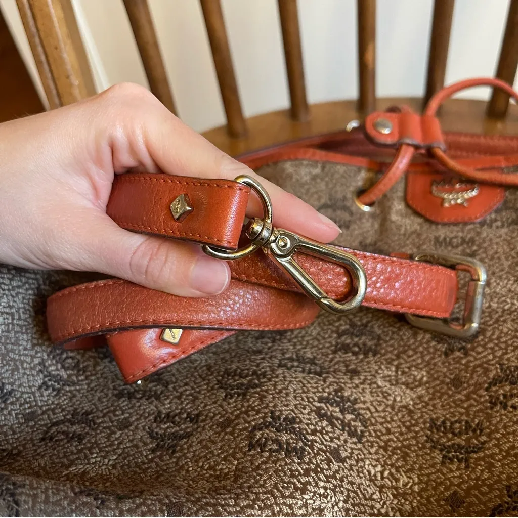 MCM Visetos Jacquard Bucket Bag Drawstring Crossbody Shoulder Brown Orange - Image 16