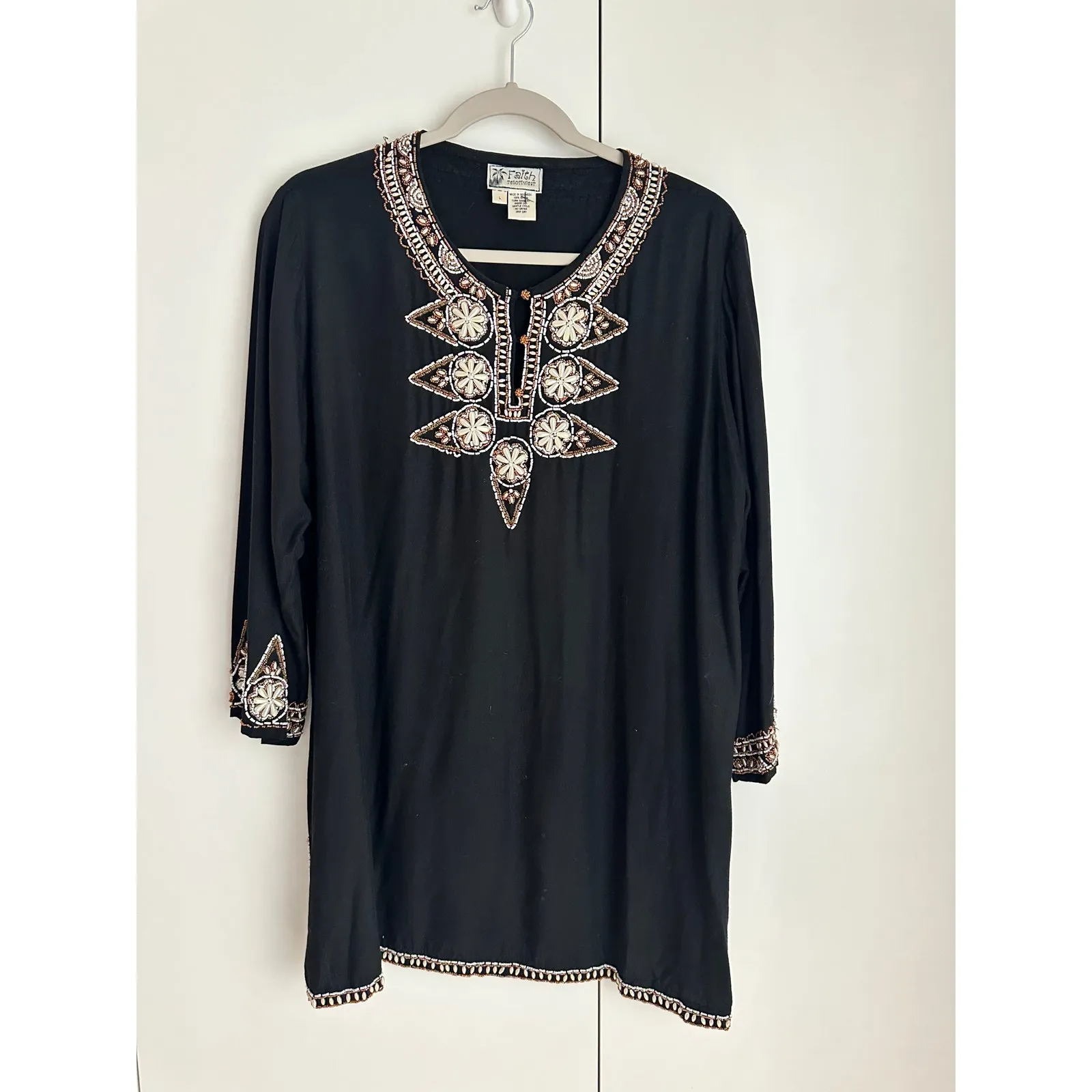 Vintage 90s Faith Resortwear Embellished Tunic Top Black Size Large Boho Vaca - Image 2