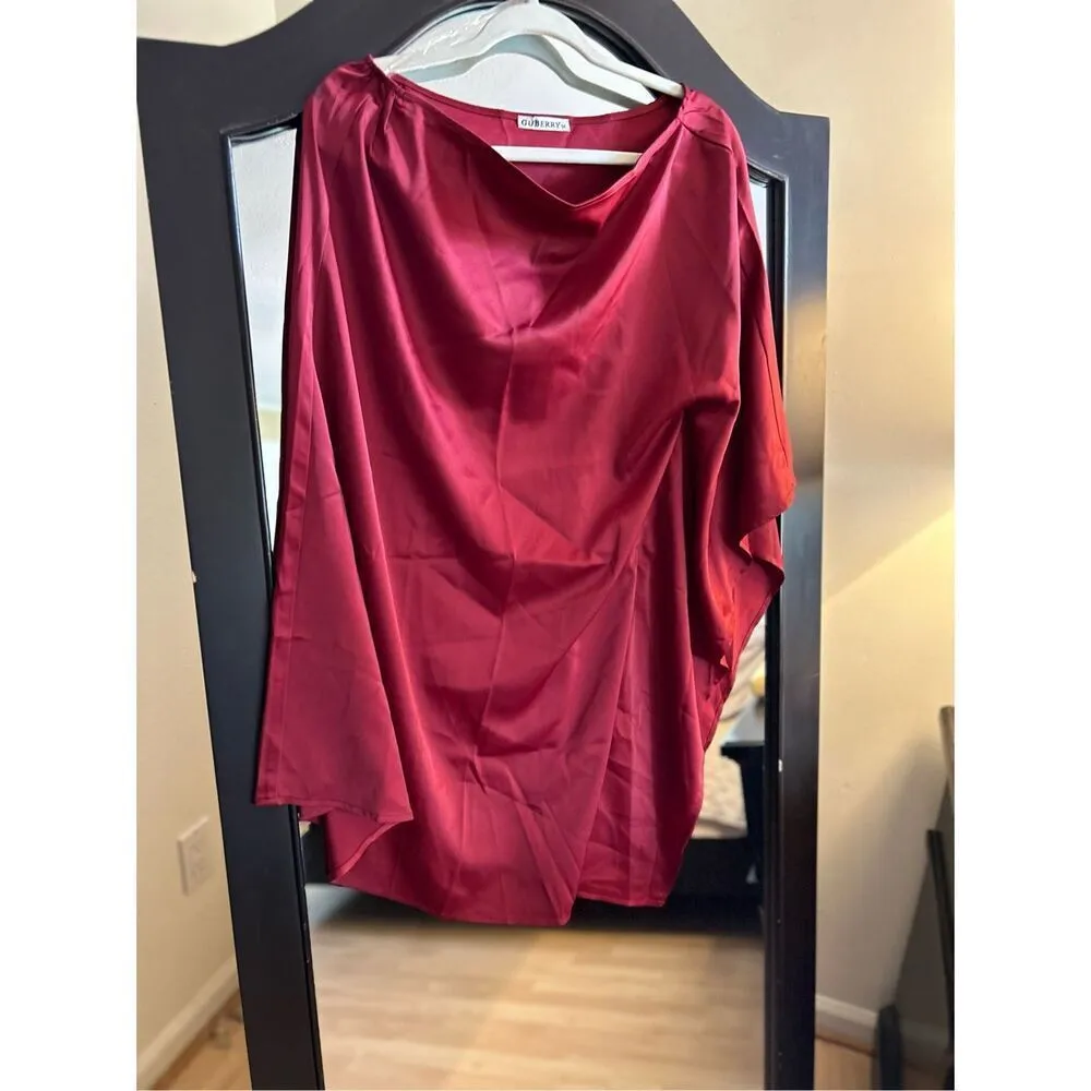 NEW 1 Shoulder Batwing Sleeve Mini Wedding Cocktail Satin Dress M Red Size M - Image 6