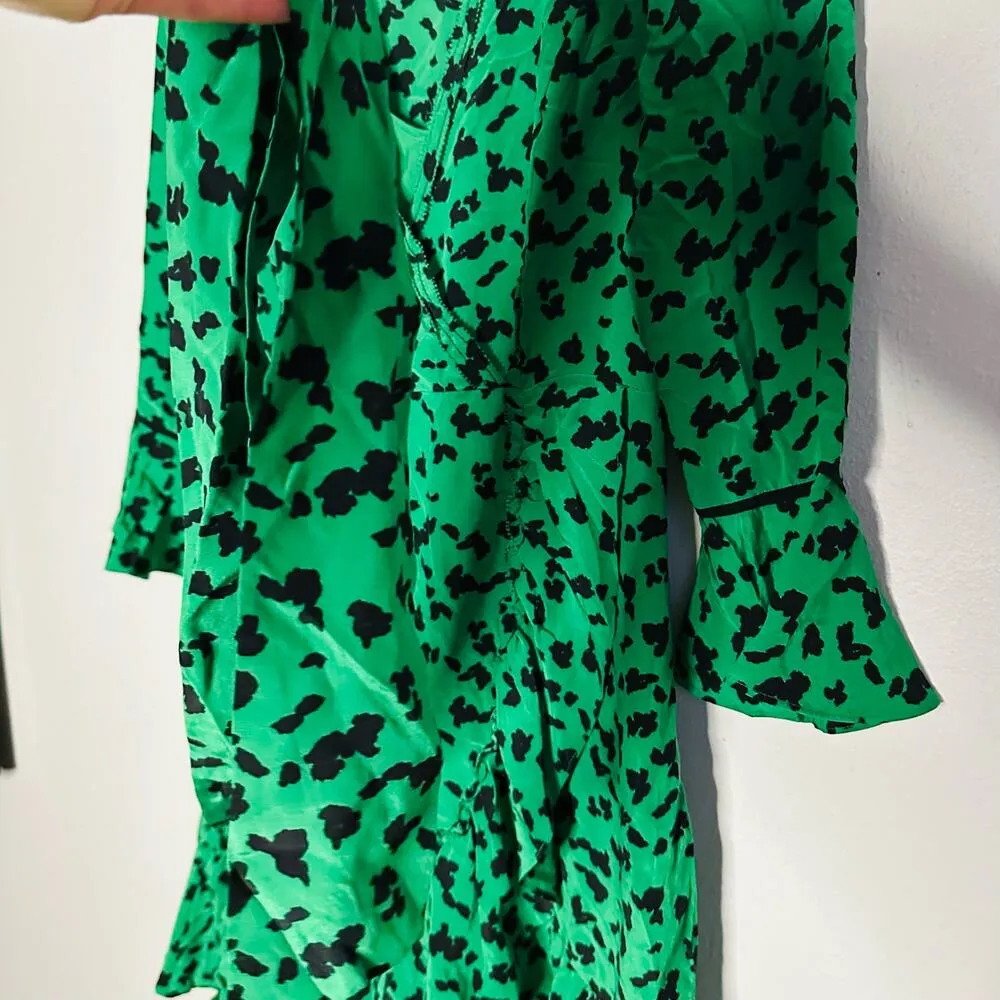 Tanya Taylor Women's Nomi Green Black Printed Long Sleeve Silk Short Dress sz 4 - Image 9