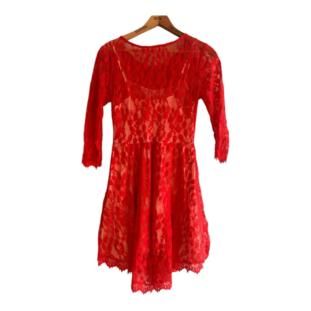 FREE PEOPLE Red Mesh Floral Lace Overlay Dress Size 4 - Image 6
