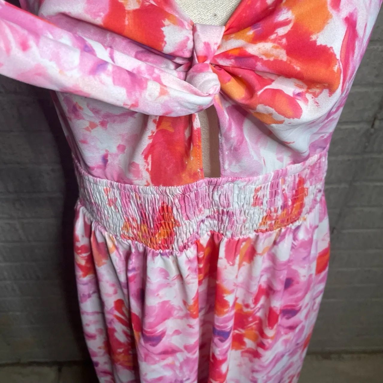 Grace Karin Womens Pink Orange Floral Tie Front Smocked Maxi‎ Dress Large - Image 3