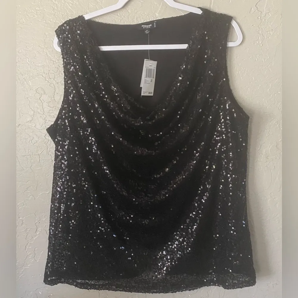 Premier Studio Black Sparkling Sequins Cowl Neck Sleeveless Top 2X Evening - Image 2