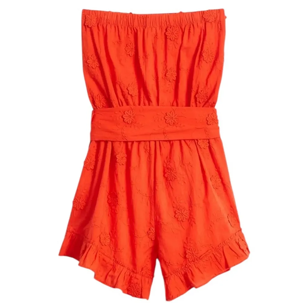 Loft Cotton Orange Beach Floral Embroidery Strapless Romper Tie Belted Womens XS - Image 10