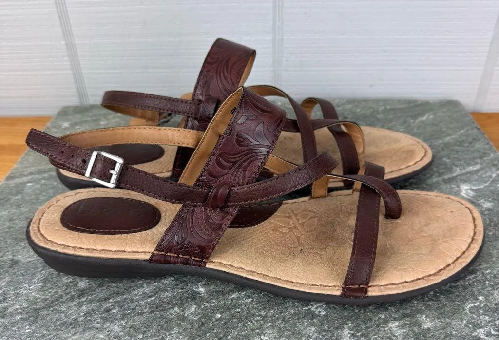 Born B.O.C Magdalena Faux Leather Embossed Floral Strappy Slingback Sandals 10 Brown - Image 3
