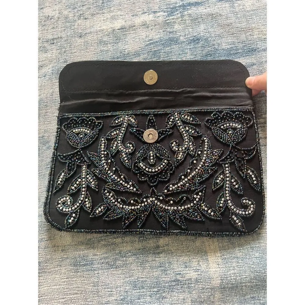 Black Silver Iridescent Floral Beaded Fold Over Magnetic Closure Clutch Bag Black - Image 3