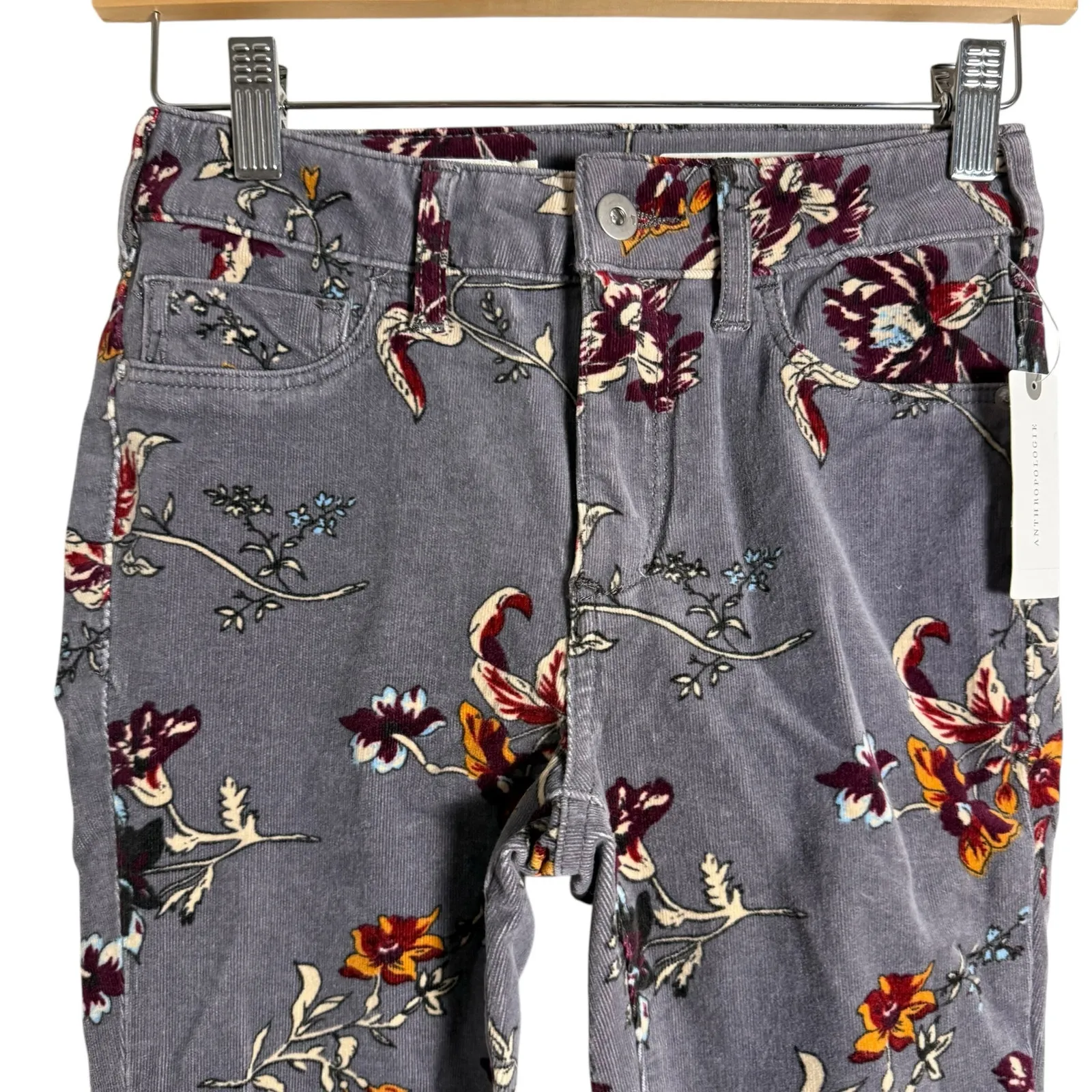 Anthropologie Pilcro Gray Corduroy Floral Print High Rise Skinny Pants Size 25 - Image 4