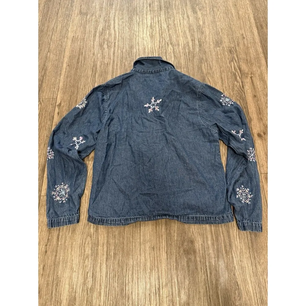 Vtg 90s New Direction Jean Denim Pastel Embroidered Snowflake Jacket Womens Sz L Blue - Image 10