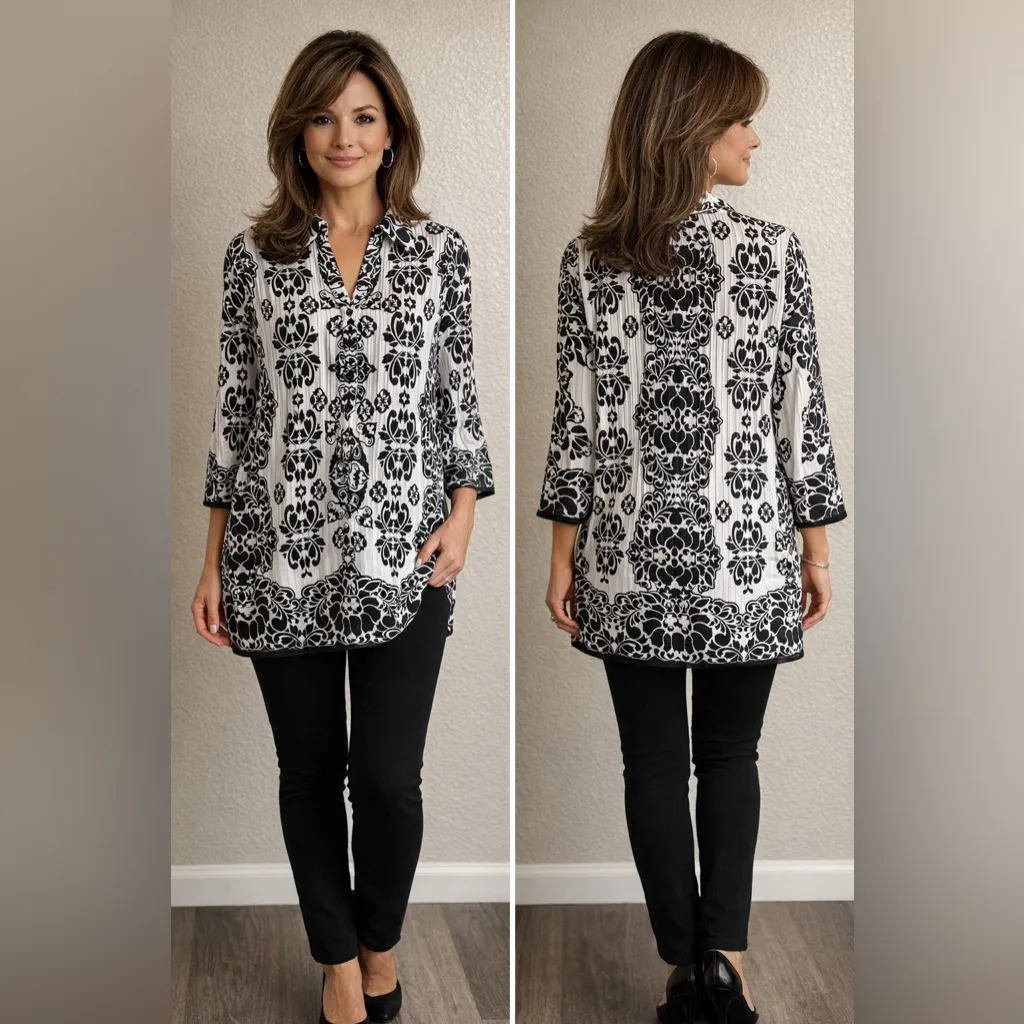 Alfani Black and White Patterned Women's Long Blouse - Image 2