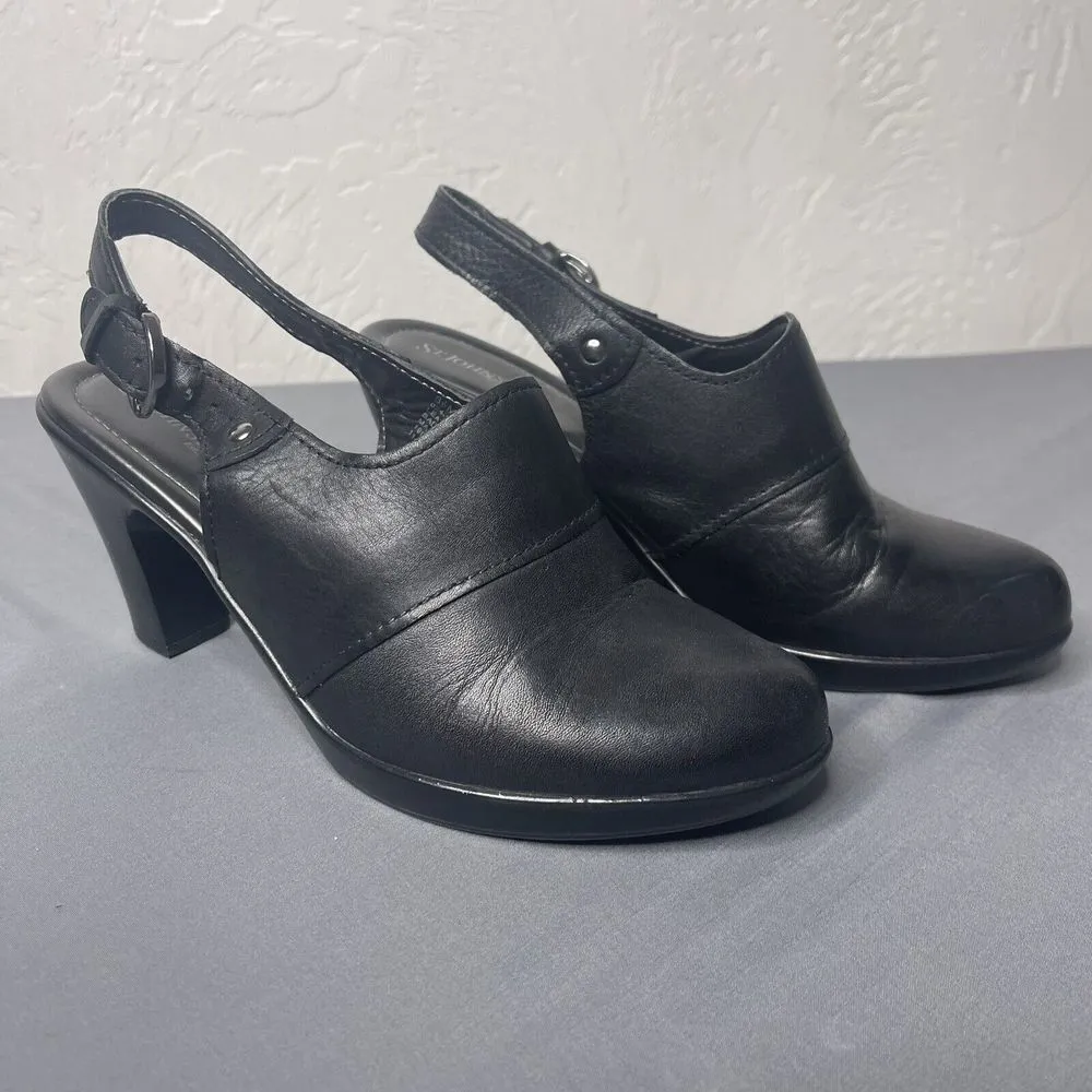 St Johns Bay Shoes Womens 8.5 M Heels Clogs Mules Buckle Black Leather - Image 2