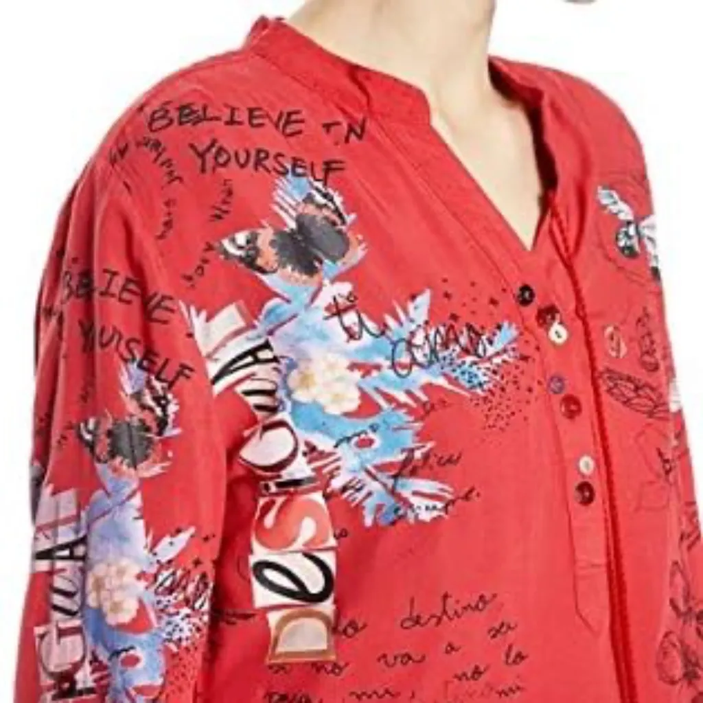 Desigual Tunic Lisa red graffiti blouse words size 4 - Image 5