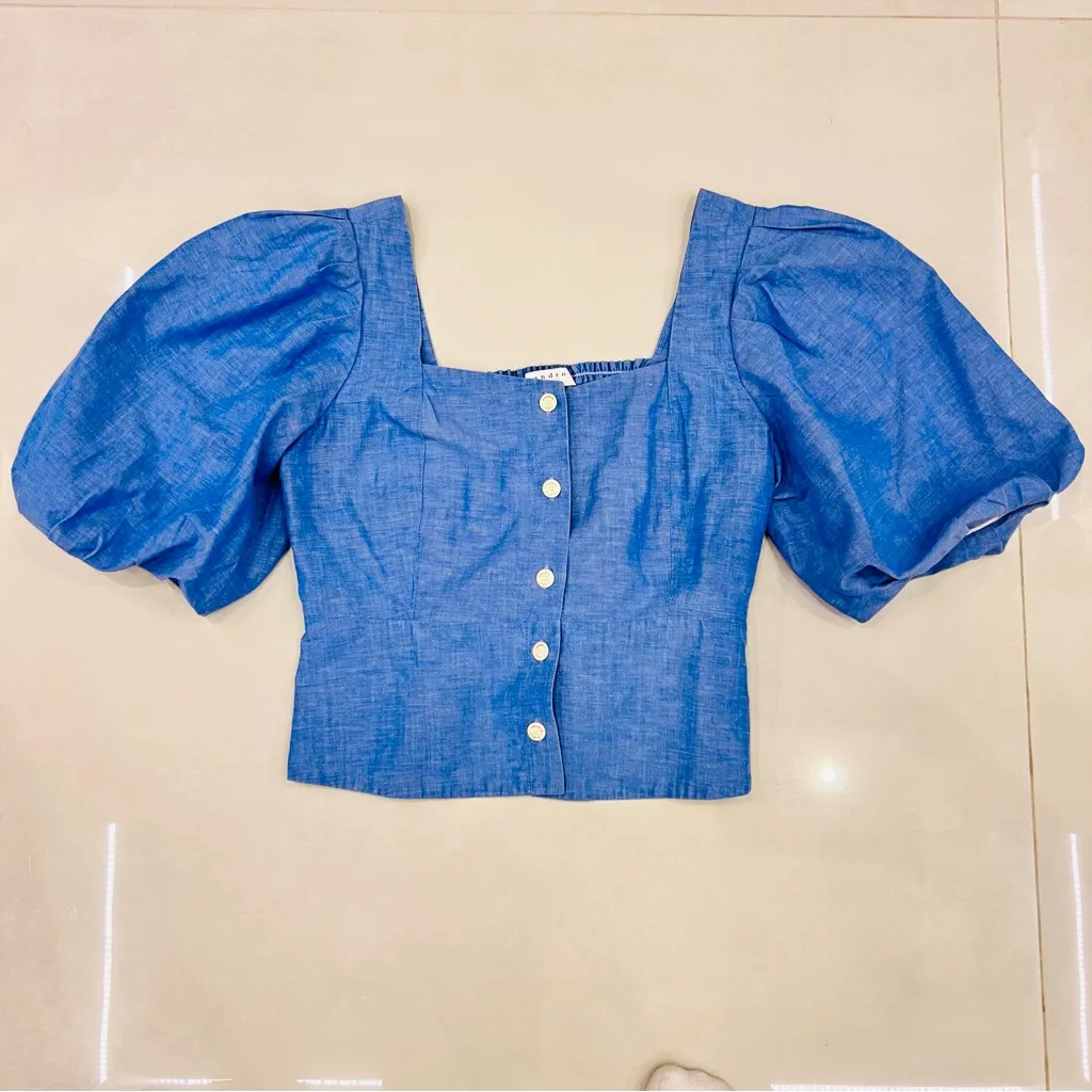 Sandro Mayan cropped shirred chambray top - Image 7