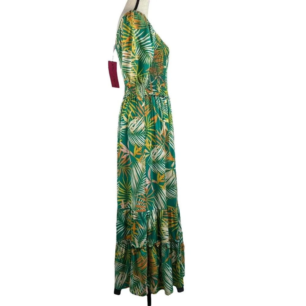 Betsey Johnson Medium Maxi Dress Square Neck Puff Sleeves Tropical Pepper Green - Image 4