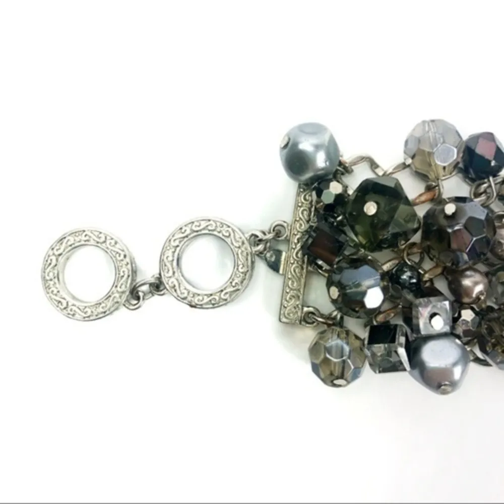 Premier Designs Silver Beaded Bracelet Gray Crystal Multi Strand Toggle Clasp - Image 3