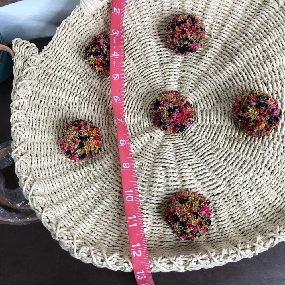 NEW J. Crew Woven Rattan Straw Circle Handbag With Pom Poms Tote - Image 9
