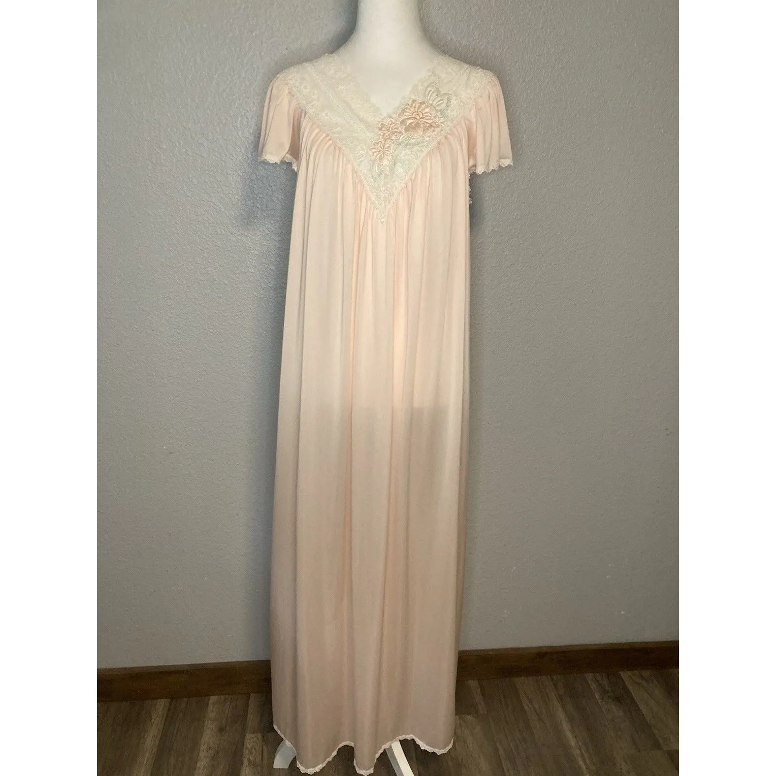 VTG Shadowline Peignoir Set M Pastel Pink Lace Robe Nightgown 70's Romantic Size M - Image 9