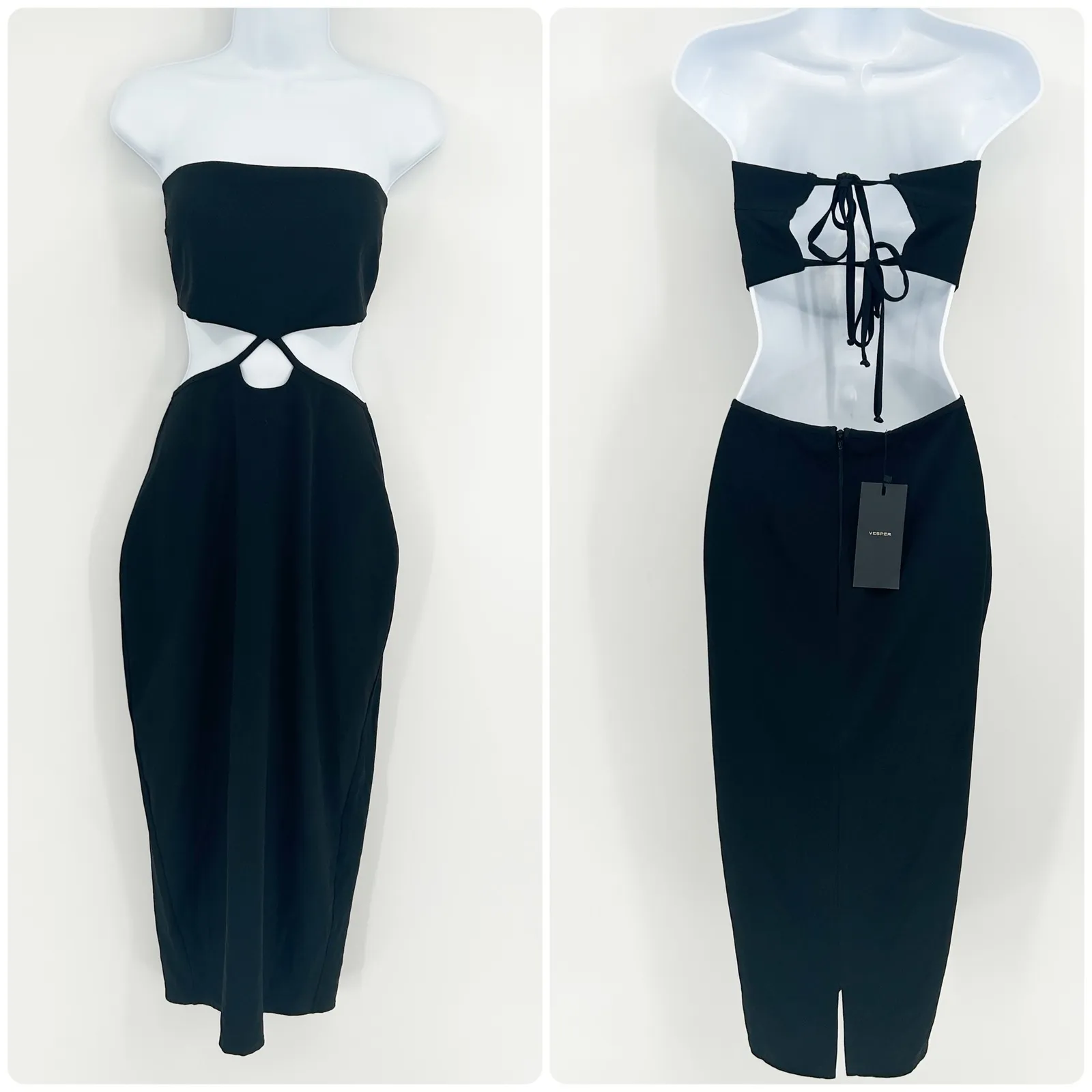 NWT Vesper Womens Cutout Bandeau Strapless Midi Dress Bodycon Party‎ Cocktail 8 Black - Image 3