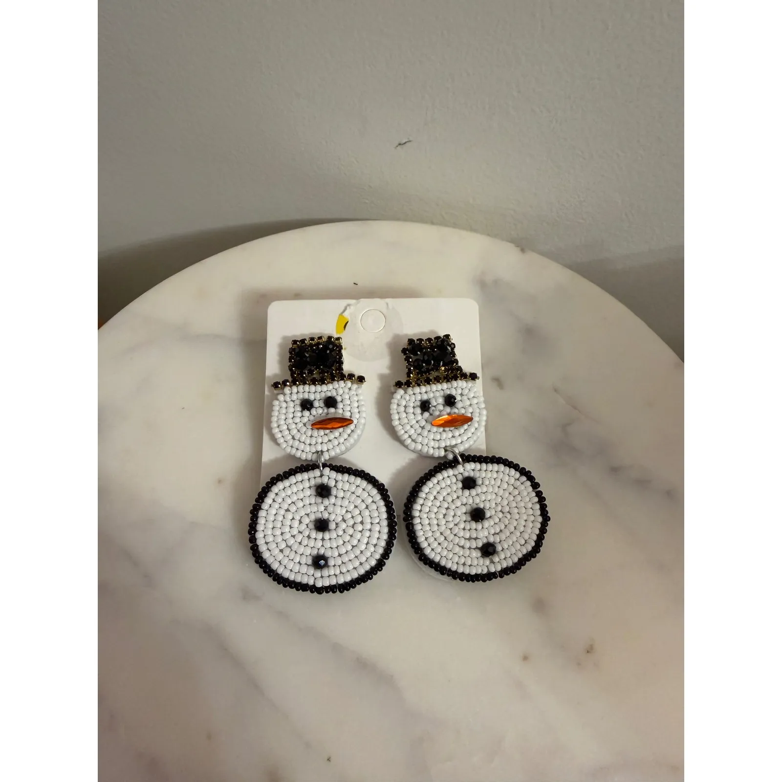 Handmade Beaded Snowman Earrings Winter Holiday Festive Fun White - Image 2