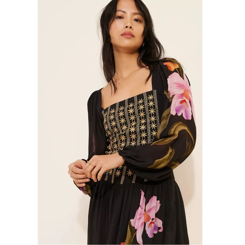FARM Rio Embroidered Goddess Orchid Floral Long Sleeve Midi Dress Black Medium - Image 9