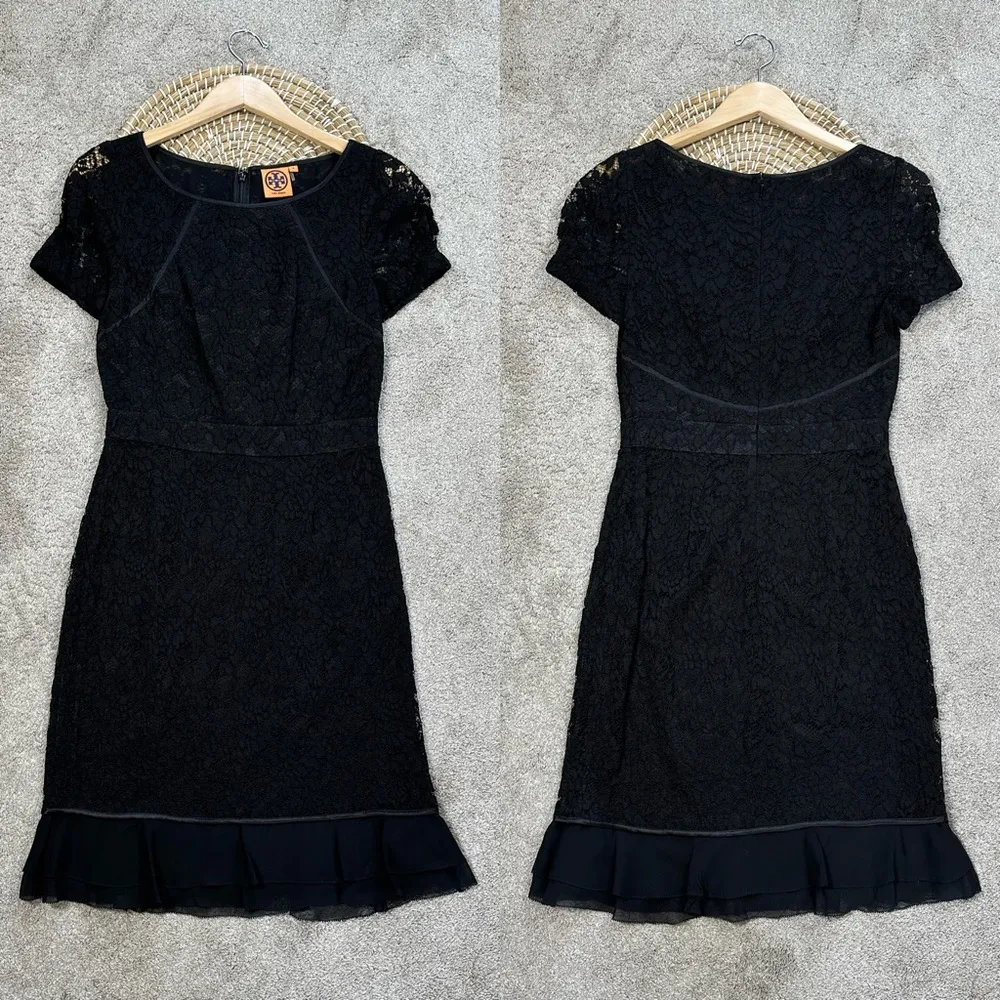 Tory Burch Women’s Silk Bovary Lace Cocktail Dress Shortsleeve Party in Black 4 - Image 3