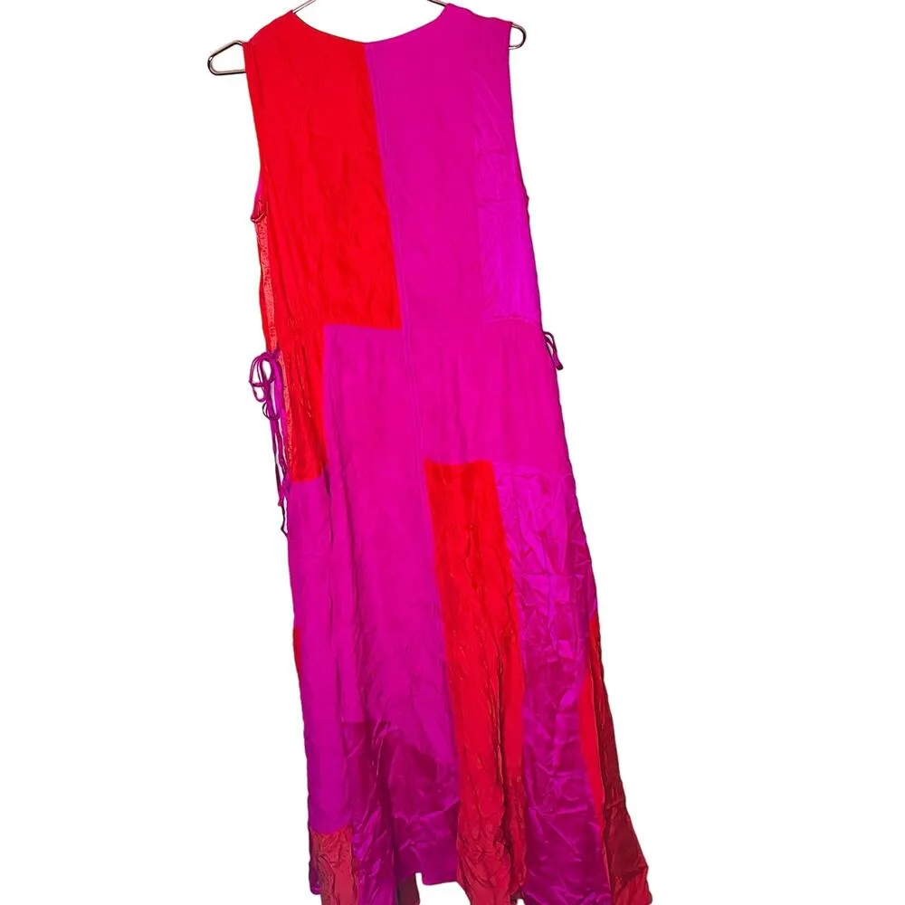 AMUR Women's Orange Pink Colorblock 100% Silk Lotta Ruched Maxi Dress Size 8 - Image 3