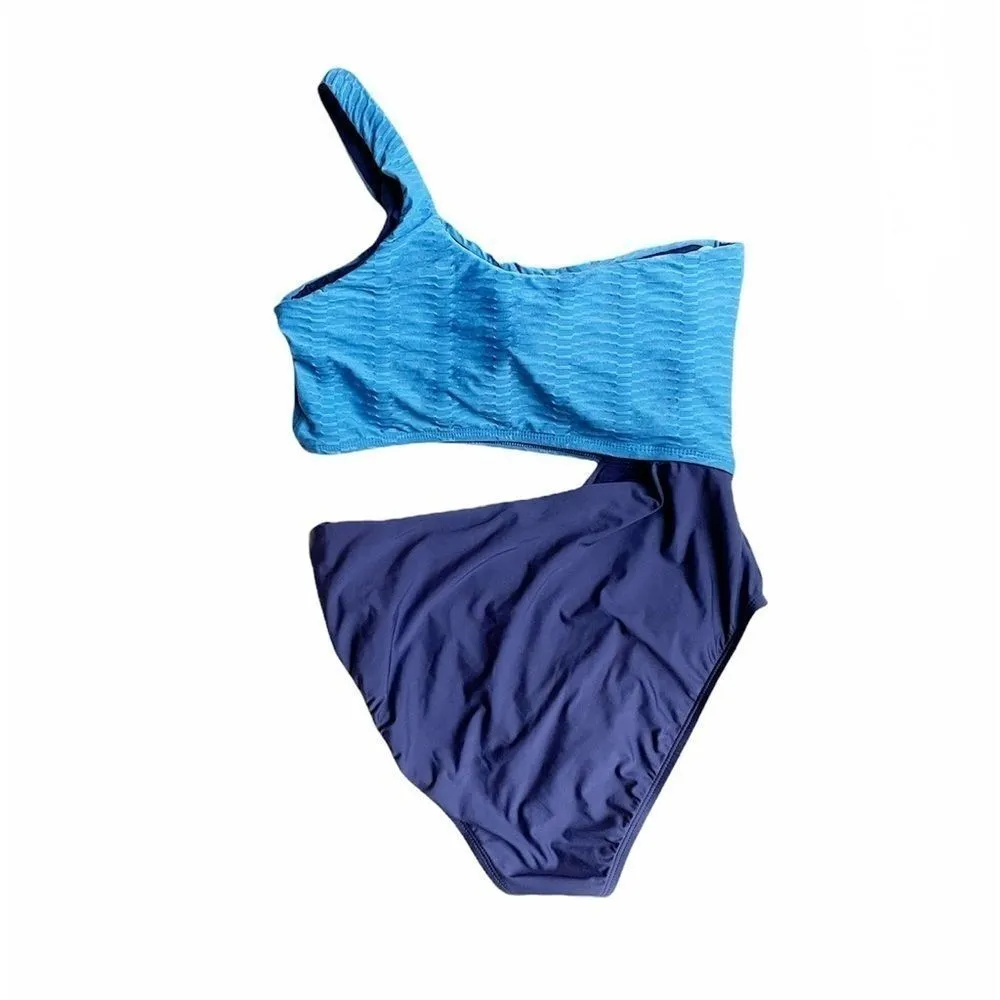 Splendid Blue Colorblock Cutout One Shoulder Swimsuit One Piece Monokini Size L - Image 5
