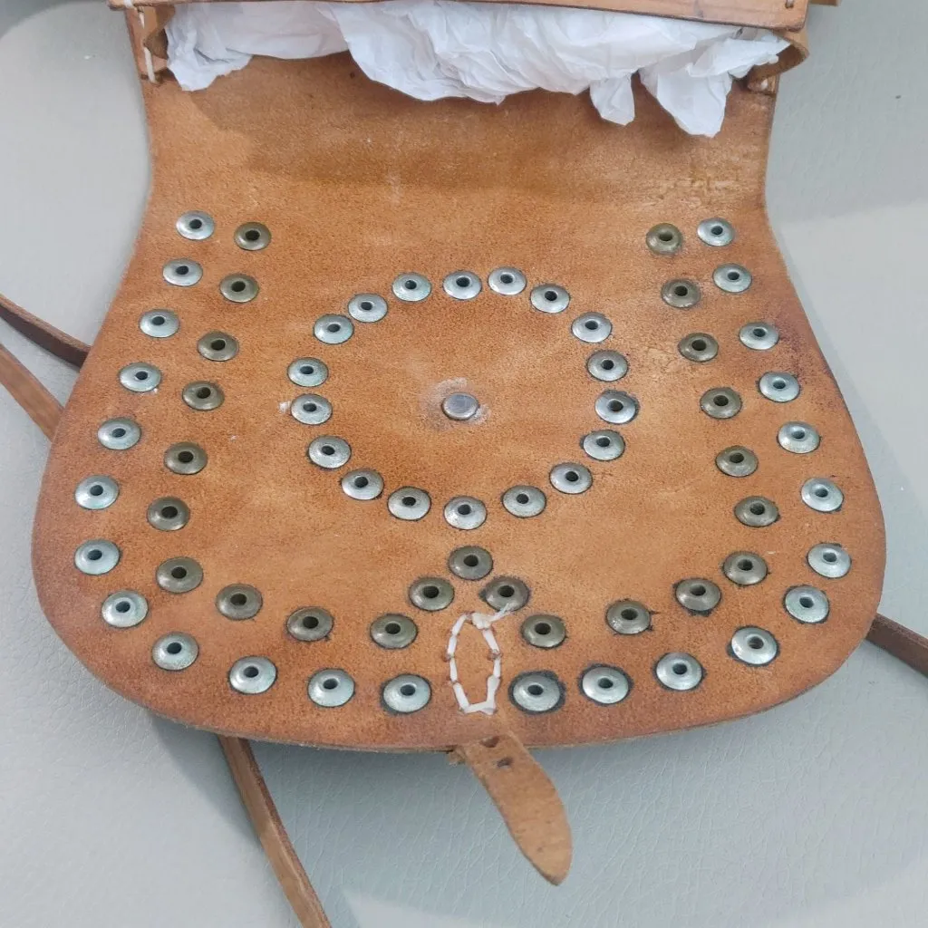 Small Leather Crossbody Bag Purse Hand Set Vintage Moon Boho Saddle Western Tan - Image 14