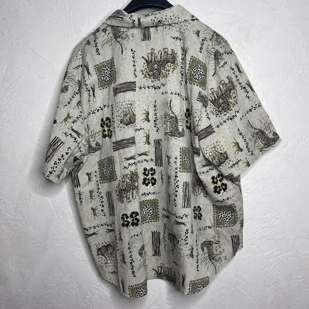 Vintage Safari 1x Plus Print Button Front Shirt Tiger Leopard Print Size Brown - Image 11