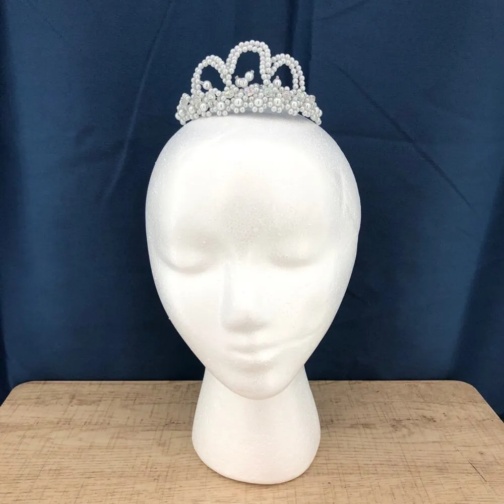 American VINTAGE 90's Handmade Mini Tiara Beaded w/ Pearl Silver Crystal Beads - Image 2