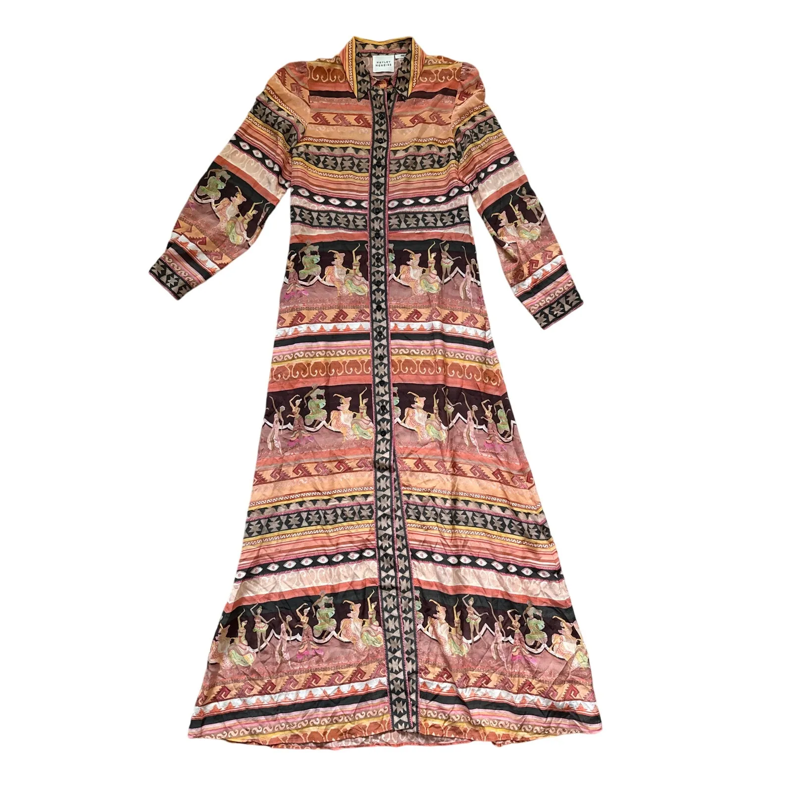 Hayley Menzies Silk Dancing Ladies Print Maxi Shirt Dress Pockets Size Medium Pink - Image 6