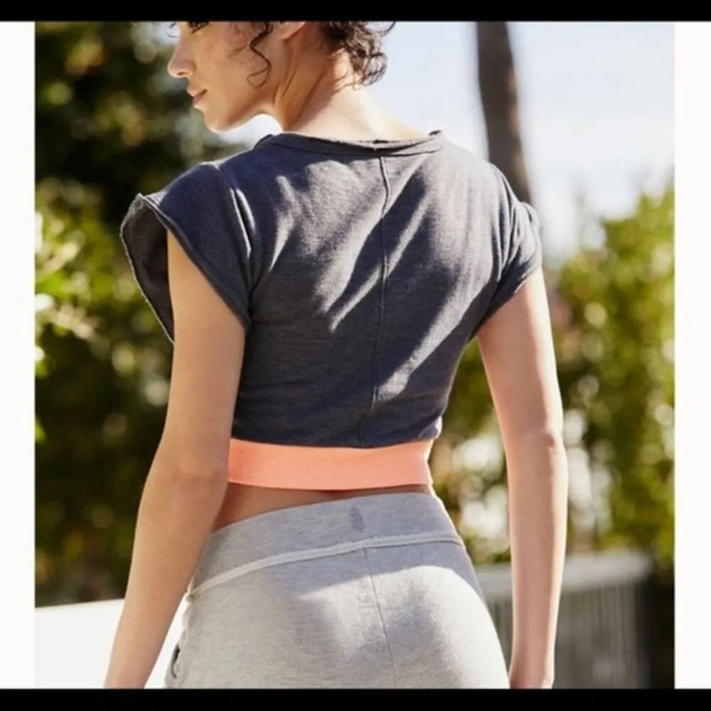 Free People Happy Camper Crop Tee Gray Orange Deep V-Neck NWT Brand New Sz Large - Image 2