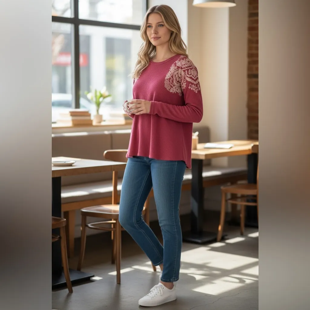 We The Free Waffle Knit Print Thermal Pullover Top - Image 5