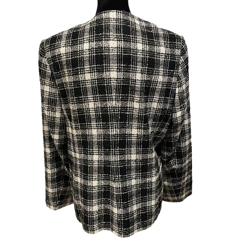 Preston & York Black White Sparkly Wool Tweed Plaid Long Sleeve Button Up Coat - Image 6