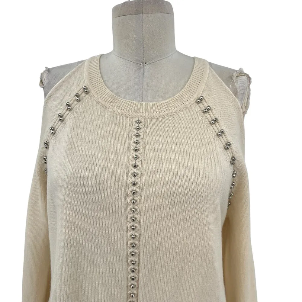 Ramy Brook Maya Sweater Cold Shoulder Beaded Long Sleeve Cream White Size Medium - Image 3