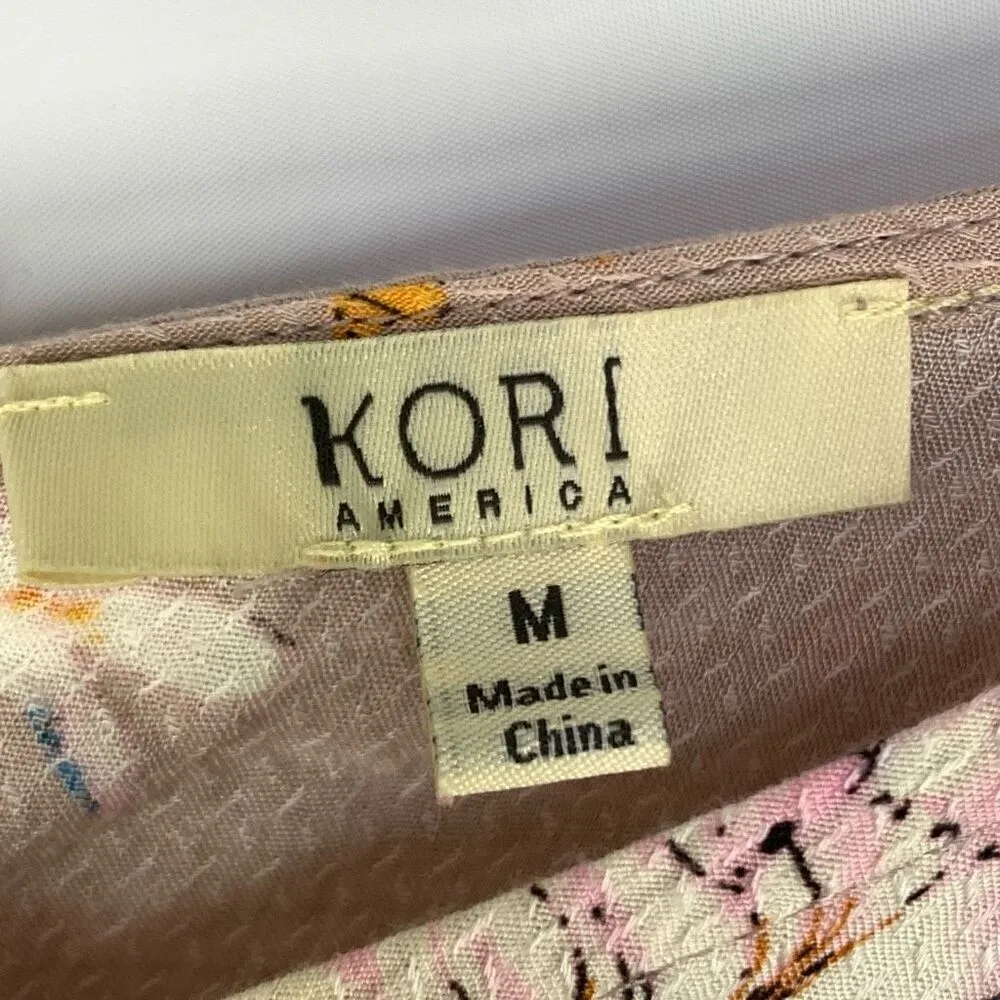 Kori America Women’s Floral Ruffle-Sleeve Blouse Beige Pink Size Medium - Image 3