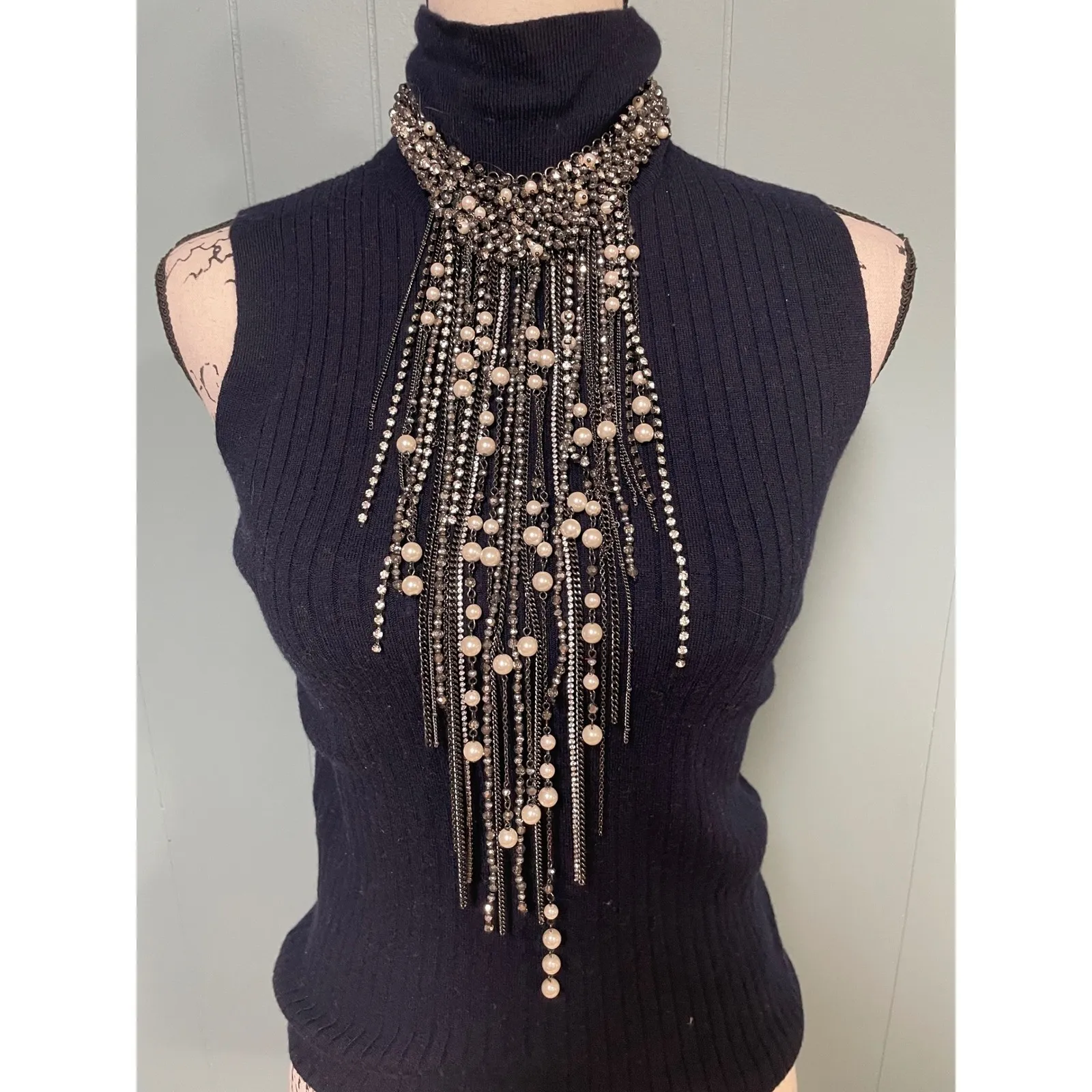 WHBM Crystal & Pearl Waterfall Statement Necklace - Image 3