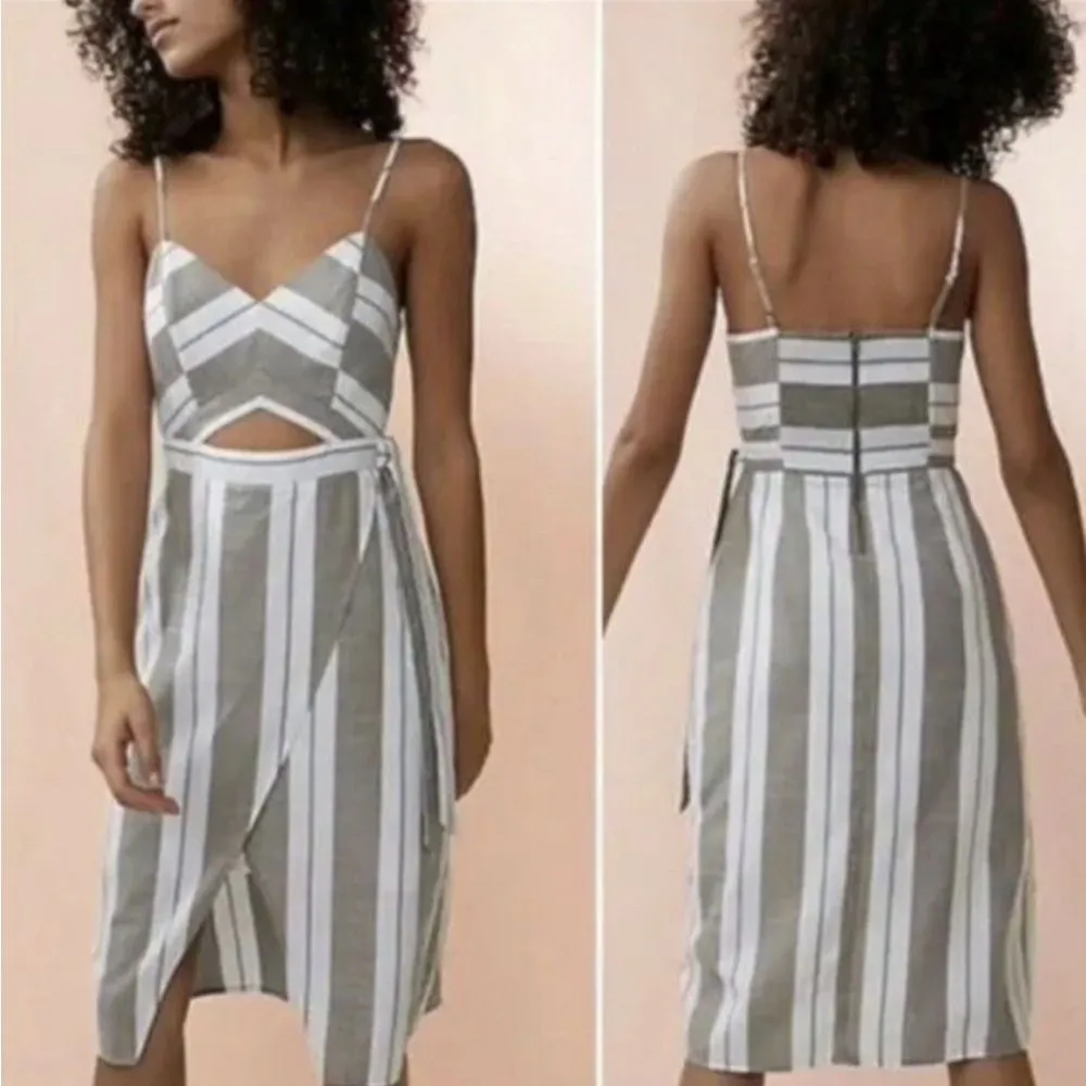 Express mocha and white striped cutout faux wrap cotton midi dress size 8 - Image 2