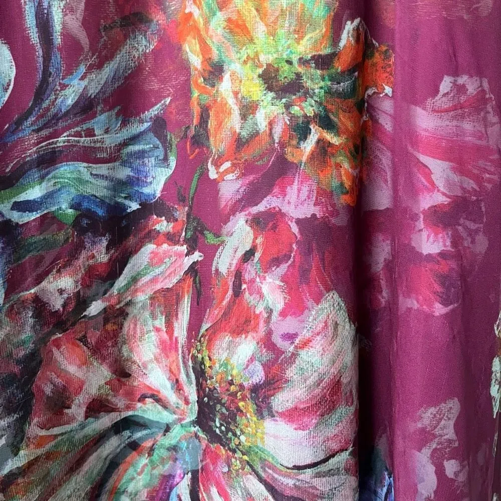 Marchesa Notte Burgundy‎ Floral Print One Shoulder Chiffon Midi Dress Size 2 Purple - Image 6