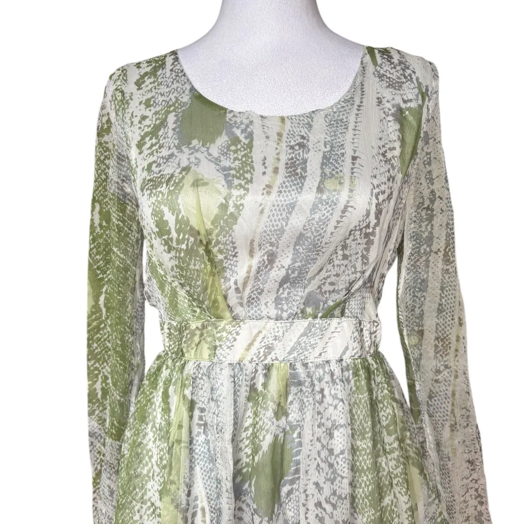 Line & Dot Green Snake Print Silk Mini Dress Womens Small Long Sleeves Fairycore - Image 4