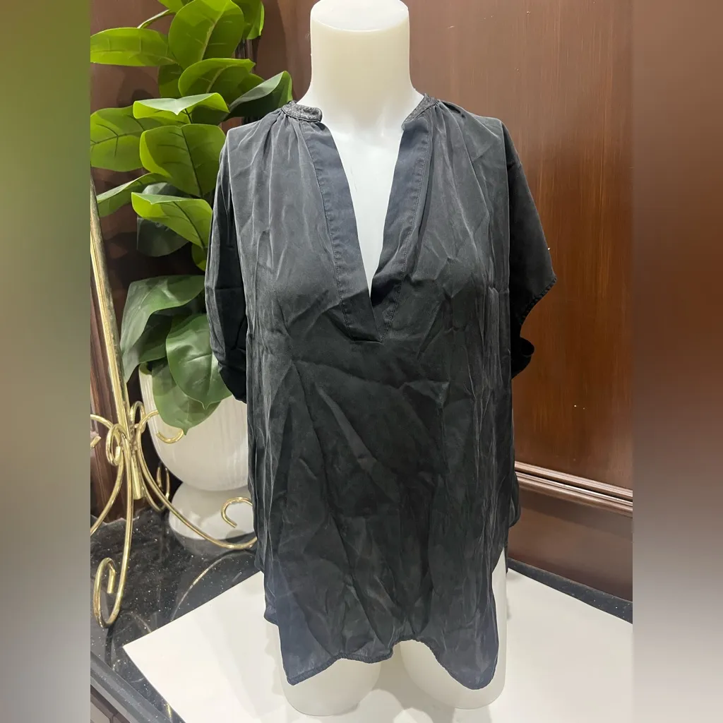 Vince Charcoal V-Neck Silk Top leather neckline - Image 2